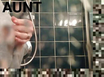 Spying on my fat aunt in the shower while jerking off