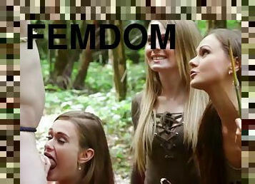 CFNM femdom babes suck and wank dude in outdoor bondage