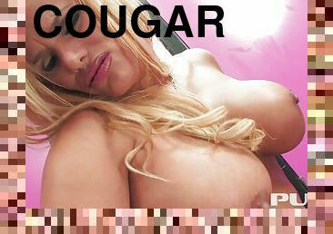 Blonde mom cougar with huge silicone boobs teasing solo