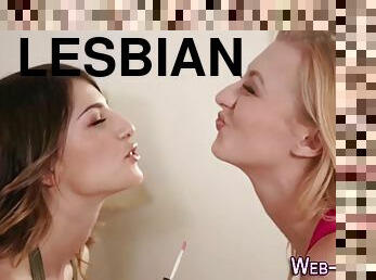 Blonde lesbian eats teen