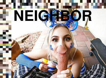 Getting sucked by blonde neighbor for money