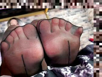 Goddess feet and toes in cute black pantyhose