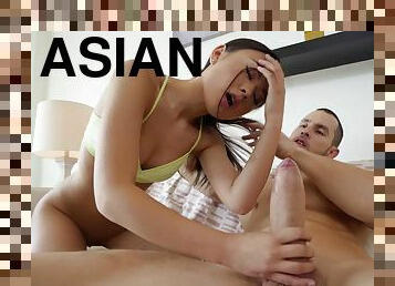 Asian brunette teases dude with her tongue and pussy