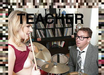 Music teacher surrenders to his hot, blonde student on drums