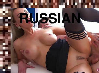 Juggy Russian mom in black stockings gets deeply fucked