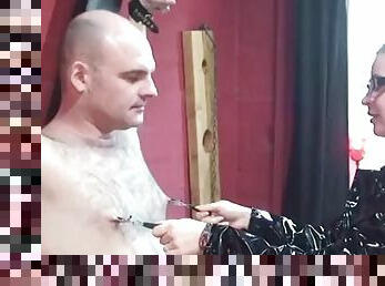 Dominatrix worships German slave in bondage