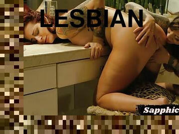 Big tits lesbian tattooed MILFs enjoy rimming in the bath