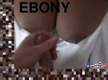 Ebony lady with big boobs takes cum on tits