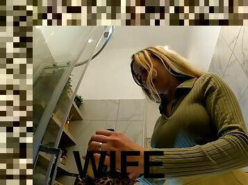 Hot new sexy blonde wife changes her panties in the bathroom