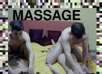 Two dudes massage their hot girlfriends gently