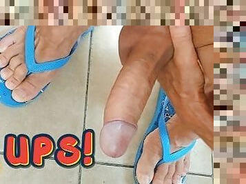 Stroking big dick in flip flops in the kitchen