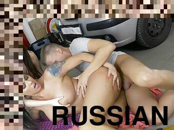 Sex down at the garage with two amazing Russian girls