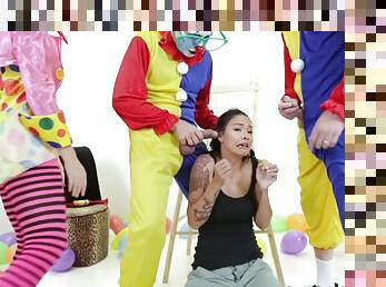 Inked Asian babe faced with gangbang role play in rough scenes
