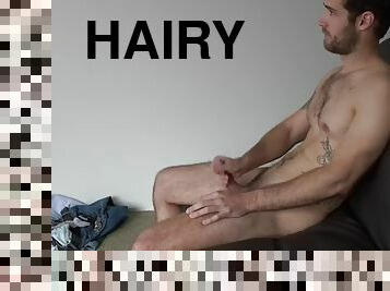 Tattooed hairy jerks off his hard cock after casting