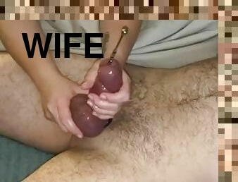 Wife gives amazing Handjob squeezing balls and using new Sounding Rod