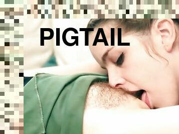 Eating the cunt of a pigtailed girl turns her on