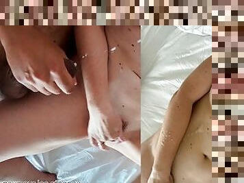 Masturbation en couple à l'hôtel avec éjaculation sur les seins