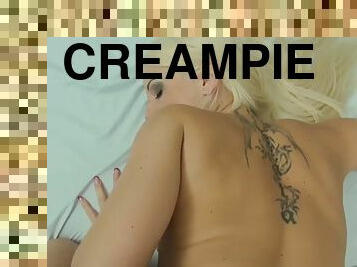 Horny blonde shows off her creampie after being fucked