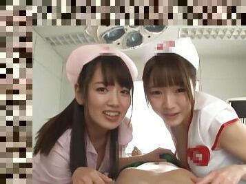Asian nurses swap a dick in energized POV threesome