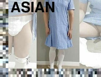 Crossdresser Wearing a Blue Gingham Dress and Jerking off on a pull-up Diaper ??? ?? ??
