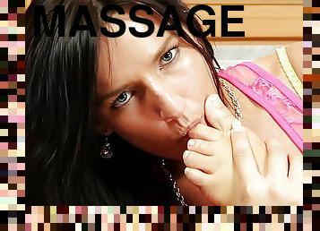 Gorgeous and brave Sharon is thinking about foot massage