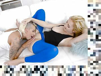 Blonde babes in tights enjoying some private lezzie moments on the couch