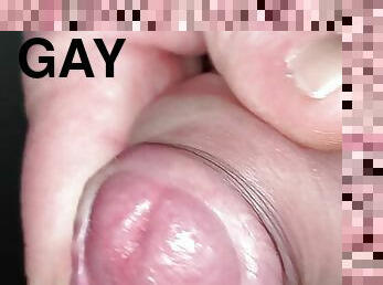 Close up edging tight foreskin with big cockhead