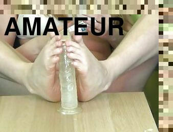 amatør, leke, føtter, blond, dildo, fetisj, footjob, virkelig, ben