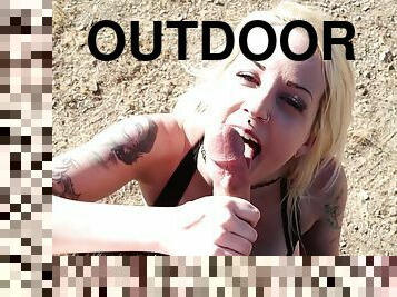 Blonde slut Lady Lazarus pleasures horny dude outdoors