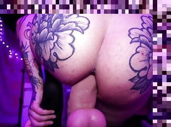 Thick Tattooed TGirl Booty Bounces Deep On Huge Dildo (HankeysToys XXXCalibur)