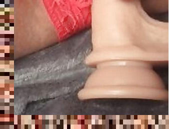 Realistic dildo fucking wet hole in beautiful red lace panty masturbation ftm clit