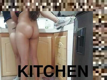 I eat my stepfather's girlfriend's delicious pussy in the kitchen