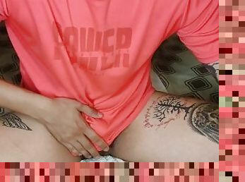 masturbação, gozando, suja, excitante, sozinho, tatuagem, pénis