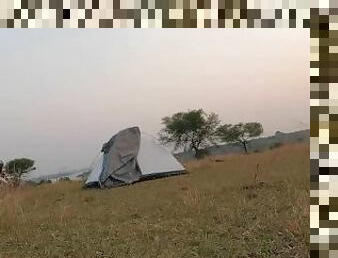 Outdoor fucking hard in the tent at evening in a peaceful environment