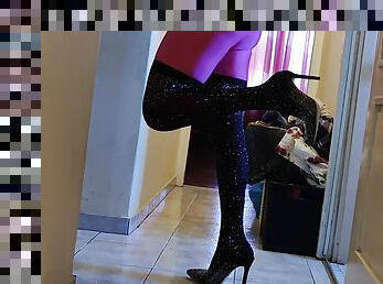 Pink lycra catsuit with heels 
