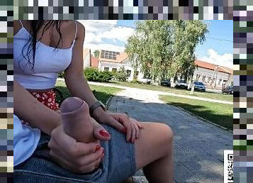 Sexy brunette gave real risky public handjob in middle of city park!