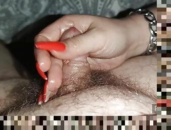 Long Nails in red massage his well-formed glans until she make him cum with Oil *pointed red claws*