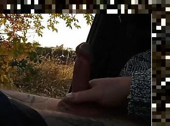 my wife jerks off my dick in the car in nature close up