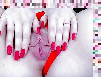 Close-up, masturbating juicy pussy pushing panties aside, my beautiful fingers with long red nails gently play with puss