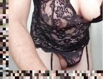 Eva_red2020 Crossdresser E-cup Big tits Strip in Black lingerie Bathroom Redhead