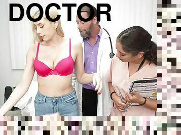 Breeding doctor fucks a babe in front of the cuckold boyfriend and the voyeur nurse