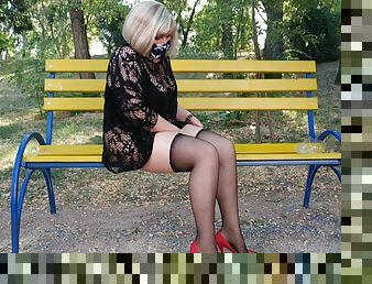Slut On The Street In The Park Puts On Sexy Stockings Before Fucking