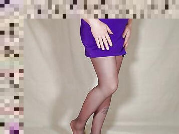 Showing Bulge in Spandex Thong, Mini Skirt and Pantyhose - Crossdresser Having Fun