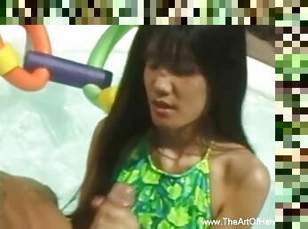 Asian MILF in the pool hot handjob moment experience