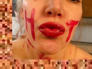 Summer Fun! Cute Girl Covers Herself In Red Lipstick & Touches Herself For You To Watch