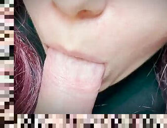 Gently sucking cock close up