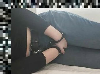 Cuffed Girl Desperately Wets Jeans on Bed (Omorashi)(Jeans Wetting)(Pee Pants)(Handcuffed Pee)