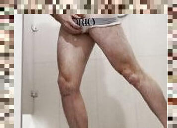 Athlete Jock Strips In His Armani Underwear In The Shower Wet And Hard
