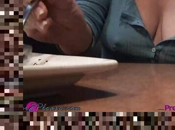 Milf dining in public revealing Pretty Pokies through very thin shirt