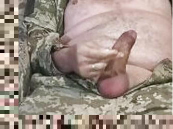 Ukrainian soldier jerks off in the forest and cums in his mouth